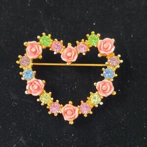 Vintage Avon Pink Roses with Multi Colored Rhinestones Gold Toned Brooch Pin